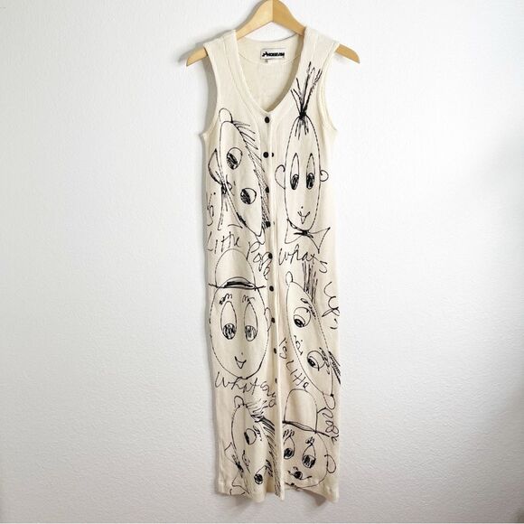 Vintage JJ Hobeau Hand Painted Faces Pop Art Graffiti Waffle Knit Maxi Dress - Picture 1 of 6